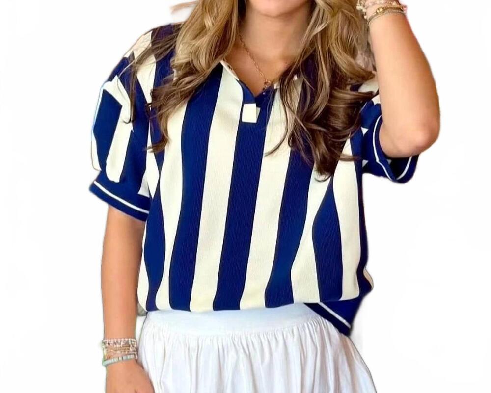 NEW CAROLE CHRISTIAN jasmine stripe top in blue + mustard folk flower
